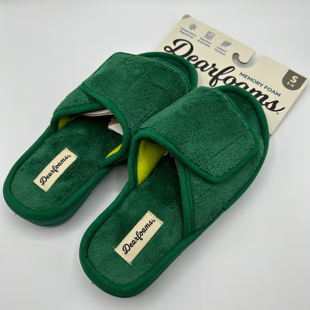 Dearfoams Memory Foam Slide Slippers Green Open Toe Adjustable Women S 5-6‎ NWT